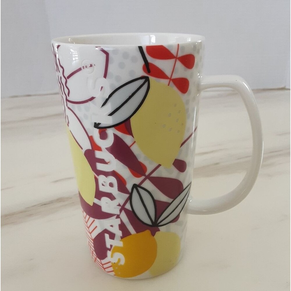 STARBUCKS 2015 Tropical Spring Floral Lemons Etched Coffee Tea Cup Mug 16oz